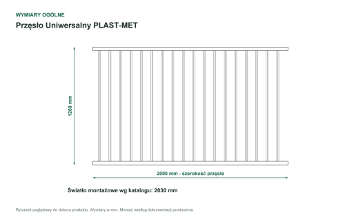 Wymiary ogólne - Przęsło ogrodzeniowe Uniwersalny P15 PLAST-MET 1200 × 2000 mm