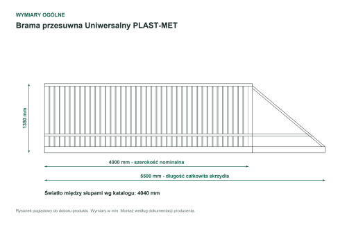 Wymiary ogólne - Brama przesuwna samonośna Uniwersalny P15 PLAST-MET 1350 × 4000 mm