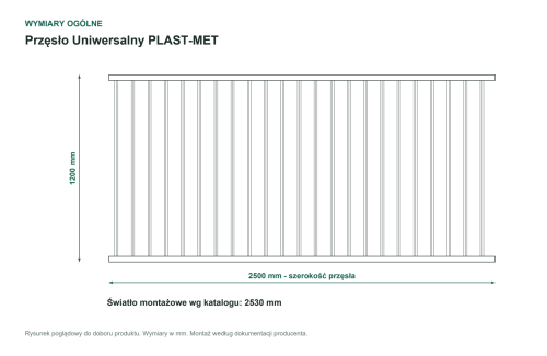 Wymiary ogólne - Przęsło ogrodzeniowe Uniwersalny P15 PLAST-MET 1200 × 2500 mm