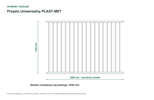 Wymiary ogólne - Przęsło ogrodzeniowe Uniwersalny P15 PLAST-MET 1350 × 2000 mm