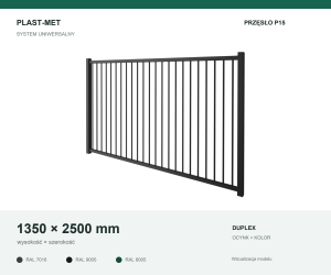 Przęsło ogrodzeniowe Uniwersalny P15 PLAST-MET 1350 × 2500 mm