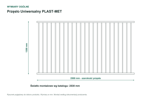 Wymiary ogólne - Przęsło ogrodzeniowe Uniwersalny P15 PLAST-MET 1350 × 2500 mm
