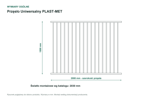 Wymiary ogólne - Przęsło ogrodzeniowe Uniwersalny P15 PLAST-MET 1500 × 2000 mm