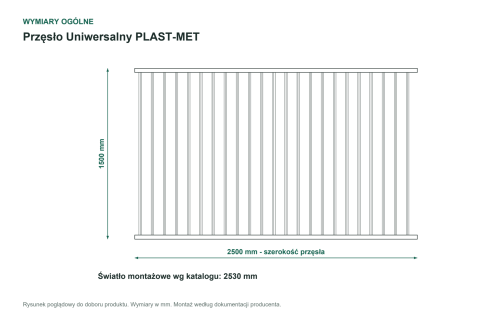 Wymiary ogólne - Przęsło ogrodzeniowe Uniwersalny P15 PLAST-MET 1500 × 2500 mm
