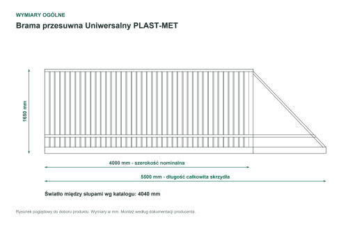 Wymiary ogólne - Brama przesuwna samonośna Uniwersalny P15 PLAST-MET 1650 × 4000 mm