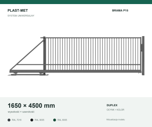 Brama przesuwna samonośna Uniwersalny P15 PLAST-MET 1650 × 4500 mm
