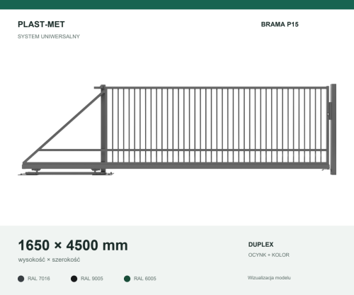 Brama przesuwna samonośna Uniwersalny P15 PLAST-MET 1650 × 4500 mm