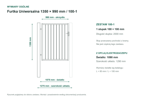 Wymiary ogólne - Furtka Uniwersalna P15 PLAST-MET 1350 × 990 mm - 1 słupek 100 × 100 mm do bramy DS