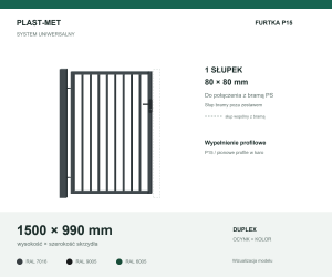 Furtka Uniwersalna P15 PLAST-MET 1500 × 990 mm - 1 słupek 80 × 80 mm do bramy PS