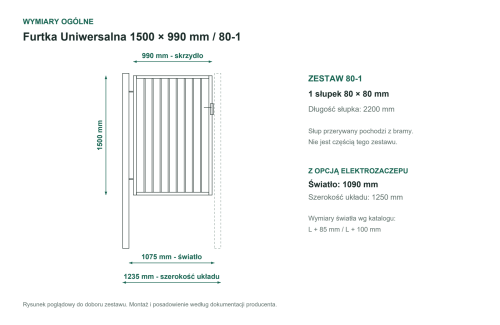 Wymiary ogólne - Furtka Uniwersalna P15 PLAST-MET 1500 × 990 mm - 1 słupek 80 × 80 mm do bramy PS