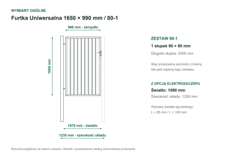 Wymiary ogólne - Furtka Uniwersalna P15 PLAST-MET 1650 × 990 mm - 1 słupek 80 × 80 mm do bramy PS