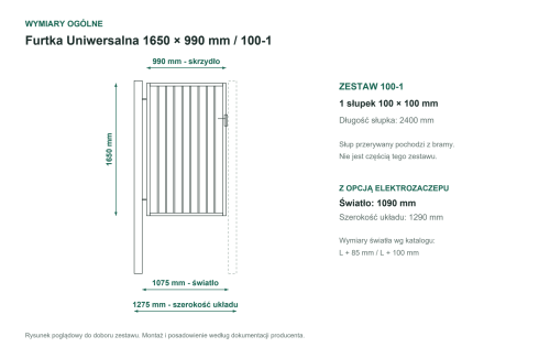 Wymiary ogólne - Furtka Uniwersalna P15 PLAST-MET 1650 × 990 mm - 1 słupek 100 × 100 mm do bramy DS