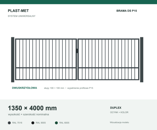Brama dwuskrzydłowa Uniwersalna P15 PLAST-MET 1350 × 4000 mm