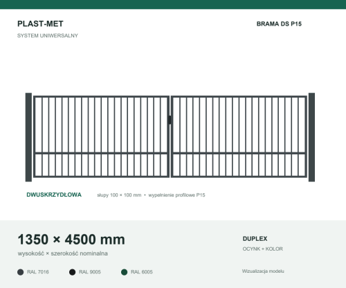 Brama dwuskrzydłowa Uniwersalna P15 PLAST-MET 1350 × 4500 mm