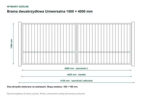 Wymiary ogólne - Brama dwuskrzydłowa Uniwersalna P15 PLAST-MET 1500 × 4000 mm