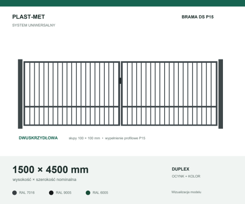 Brama dwuskrzydłowa Uniwersalna P15 PLAST-MET 1500 × 4500 mm