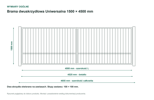 Wymiary ogólne - Brama dwuskrzydłowa Uniwersalna P15 PLAST-MET 1500 × 4500 mm