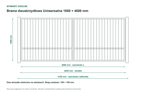 Wymiary ogólne - Brama dwuskrzydłowa Uniwersalna P15 PLAST-MET 1650 × 4000 mm