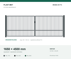 Brama dwuskrzydłowa Uniwersalna P15 PLAST-MET 1650 × 4500 mm