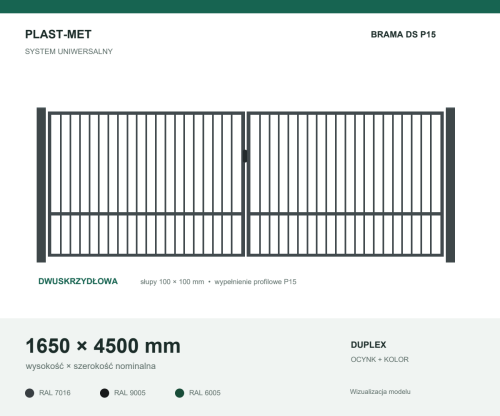 Brama dwuskrzydłowa Uniwersalna P15 PLAST-MET 1650 × 4500 mm