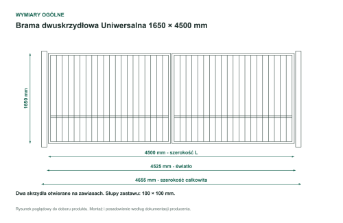 Wymiary ogólne - Brama dwuskrzydłowa Uniwersalna P15 PLAST-MET 1650 × 4500 mm