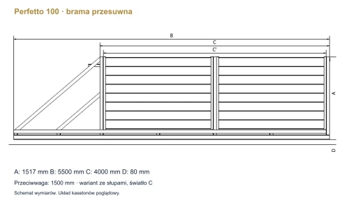 Rysunek bramy Perfetto 100: światło 4000 mm, wysokość 1517 mm