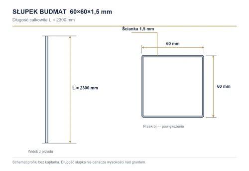 Wymiary słupka: 60×60×1,5 mm, długość 2300 mm