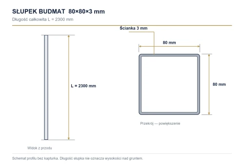 Wymiary słupka: 80×80×3 mm, długość 2300 mm