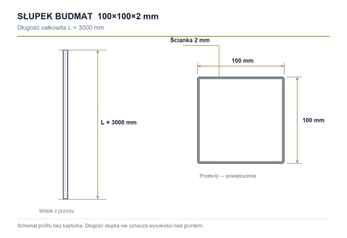 Wymiary słupka: 100×100×2 mm, długość 3000 mm