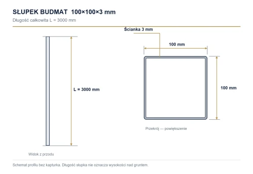 Wymiary słupka: 100×100×3 mm, długość 3000 mm