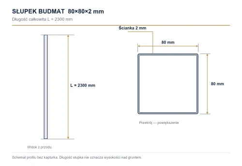 Wymiary słupka: 80×80×2 mm, długość 2300 mm