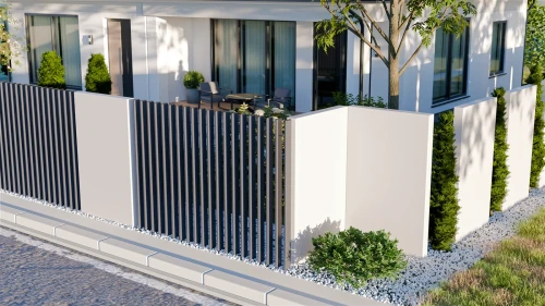 Wizualizacja producenta: pełne moduły K-WALL Konsport połączone z pionowymi przęsłami przy nowoczesnym domu