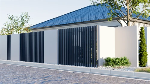 Wizualizacja producenta: stalowe moduły K-WALL Konsport rozdzielające pionowe przęsła ogrodzenia