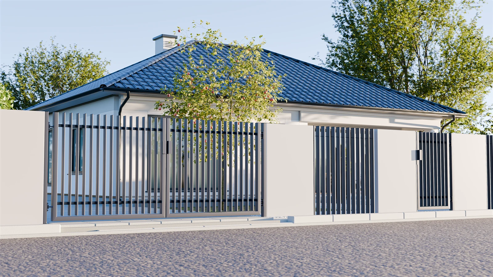 Wizualizacja producenta: moduły Konsport K-WALL przy bramie i furtce w ogrodzeniu posesji