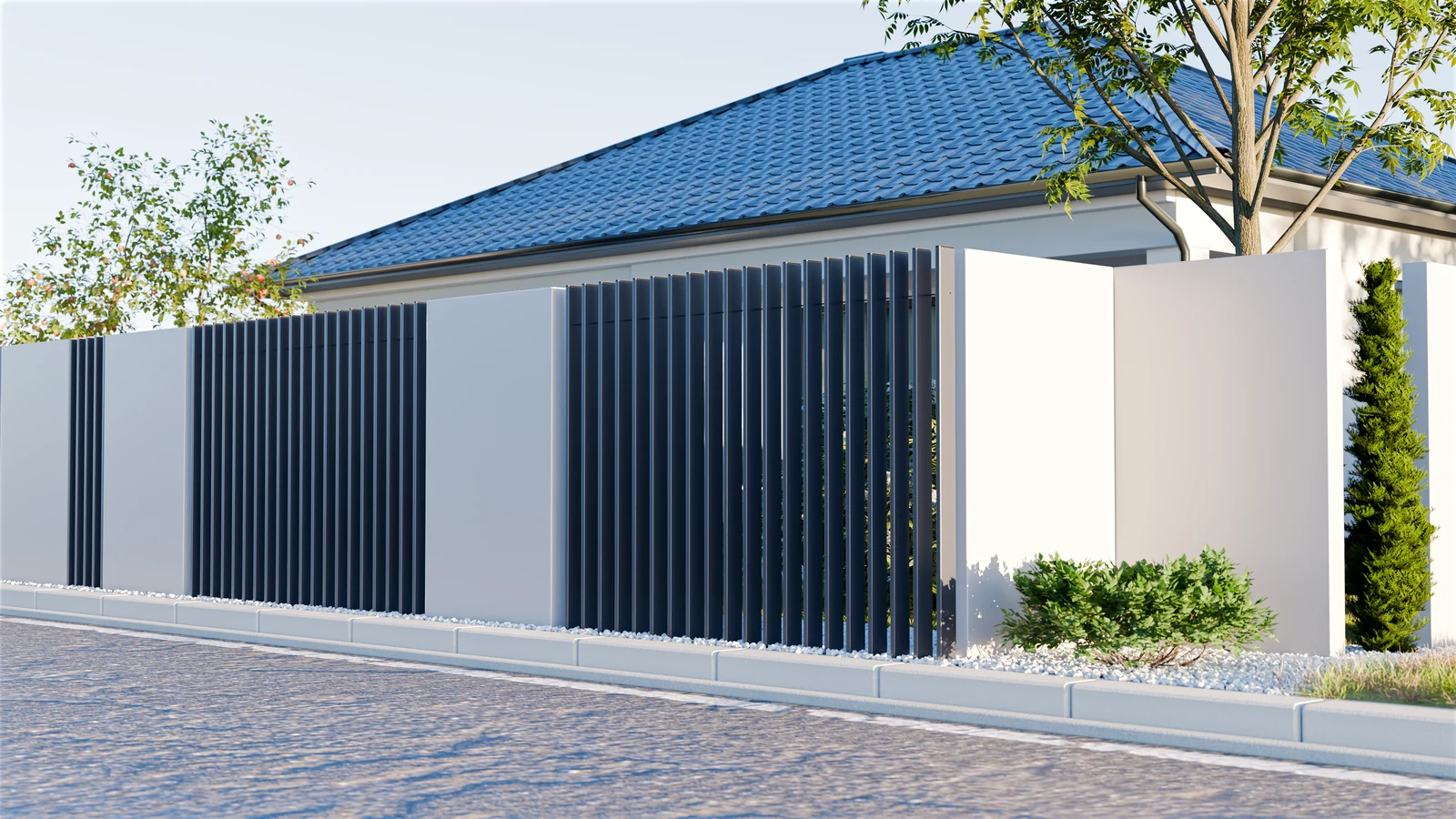 Wizualizacja producenta: stalowe moduły K-WALL Konsport rozdzielające pionowe przęsła ogrodzenia