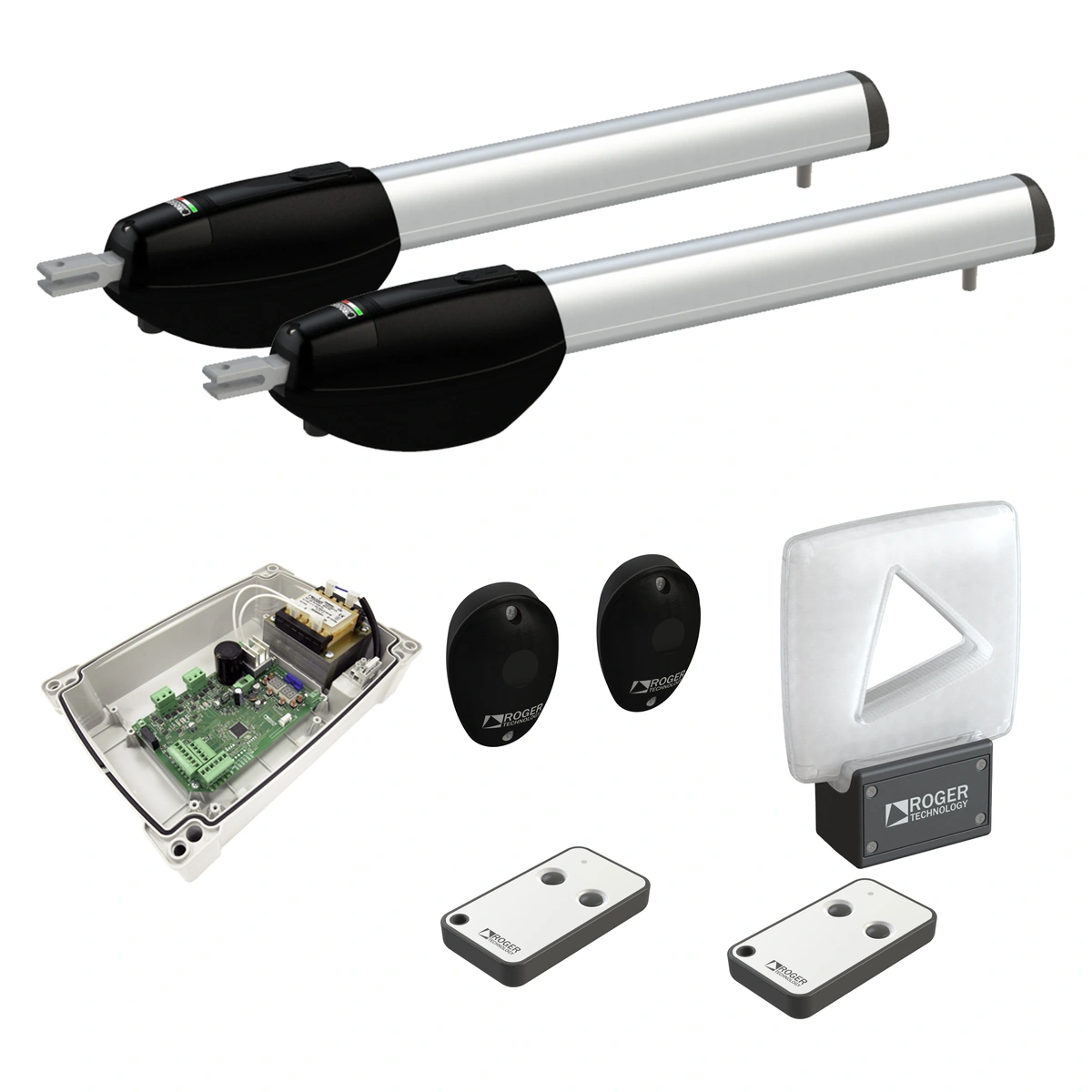 Roger KIT BE20/210/F – dwa siłowniki, centrala B70/2ML/BOX, dwa piloty, fotokomórki i biała lampa