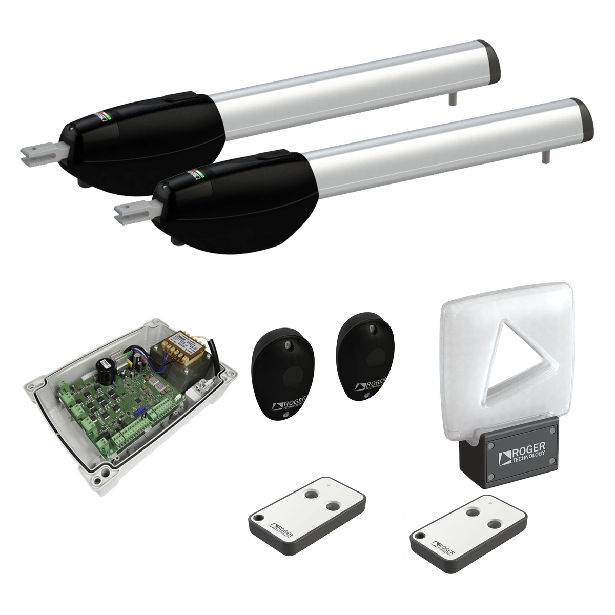 Roger KIT BE20/211/HS/F – dwa siłowniki, centrala EDGE1/BOX, dwa piloty, fotokomórki i biała lampa