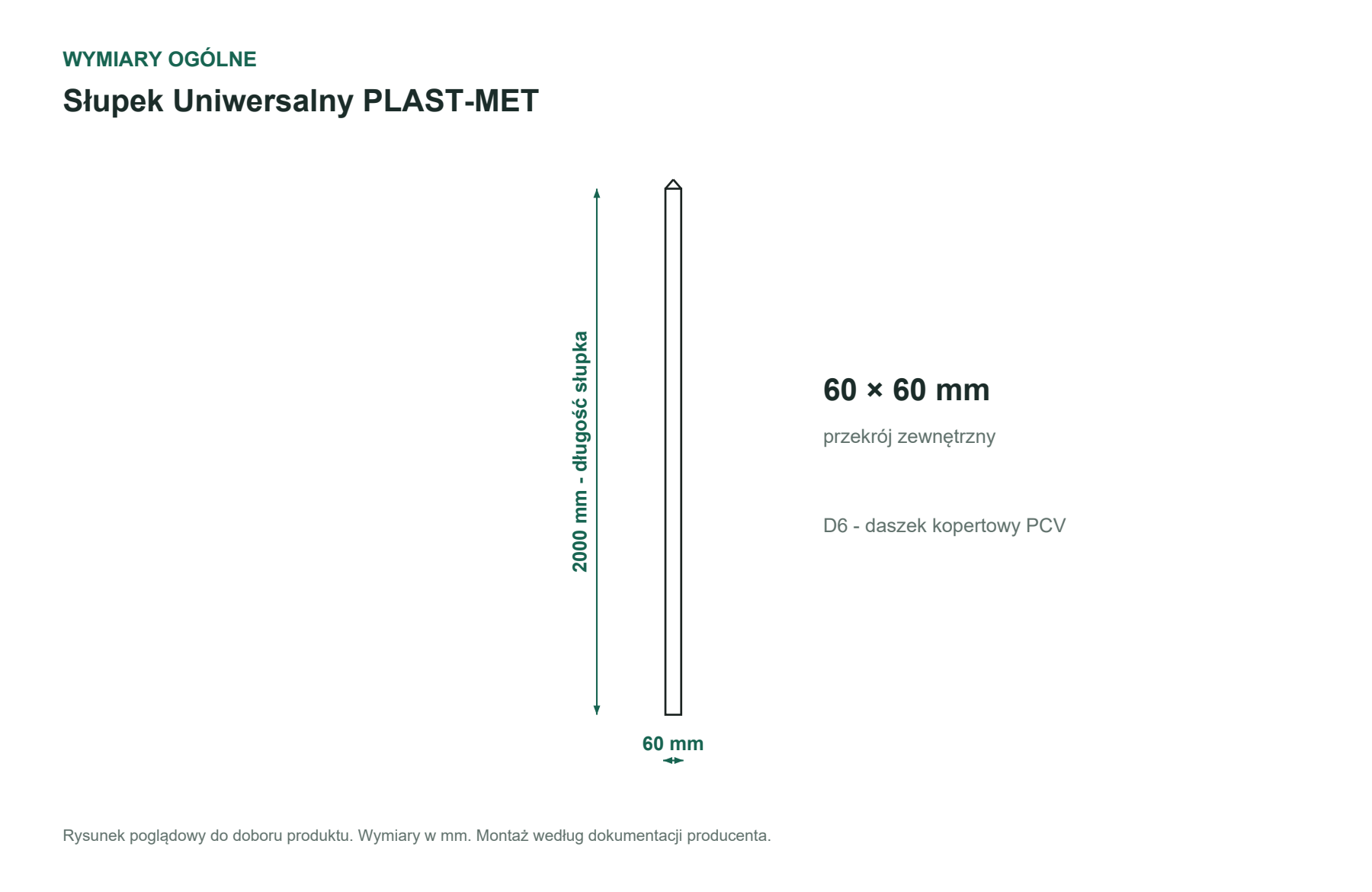 Uproszczony rysunek wymiarów ogólnych: Słupek systemowy 60 × 60 × 2 mm / H 2000 mm