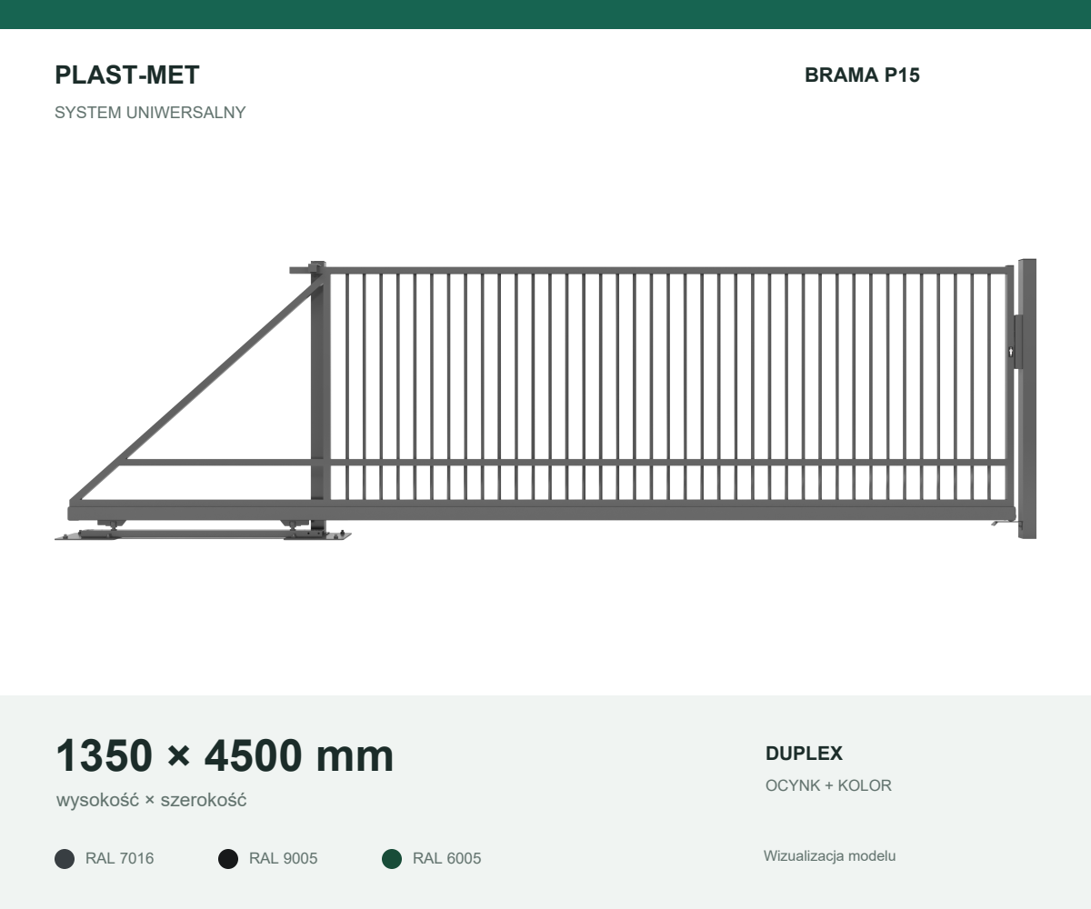 Brama przesuwna samonośna P15 Uniwersalny PLAST-MET 1350 × 4500 mm