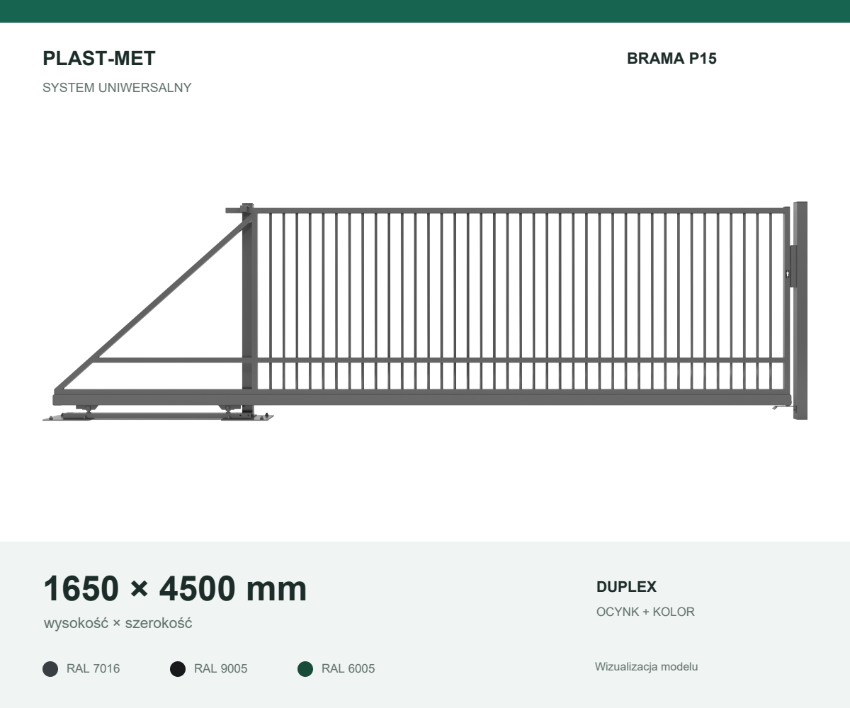 Brama przesuwna samonośna P15 Uniwersalny PLAST-MET 1650 × 4500 mm