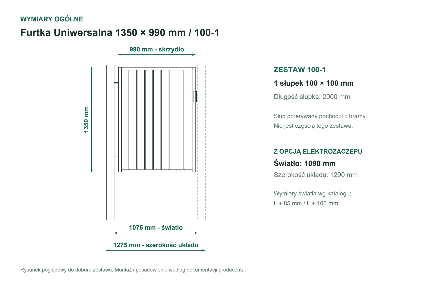 Uproszczony rysunek furtki 1350 × 990 mm, zestaw 100-1