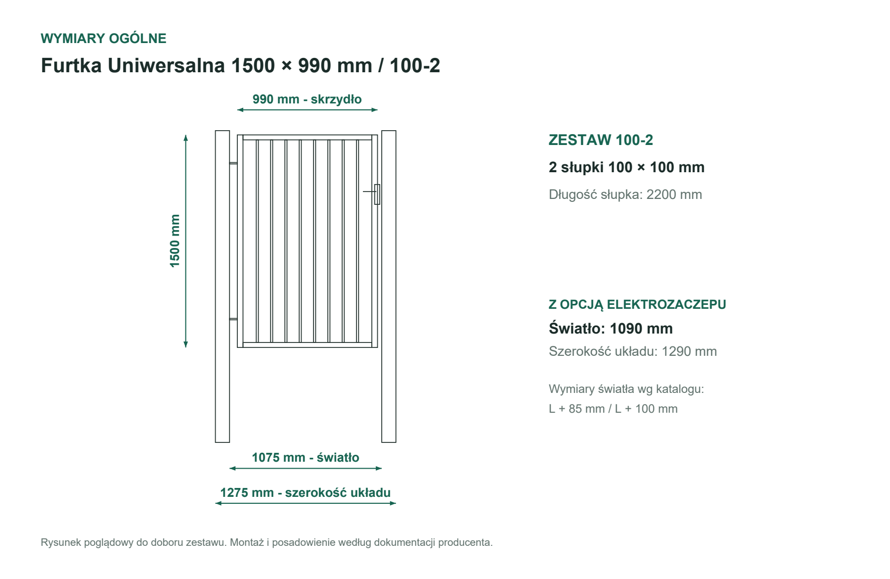 Uproszczony rysunek furtki 1500 × 990 mm, zestaw 100-2