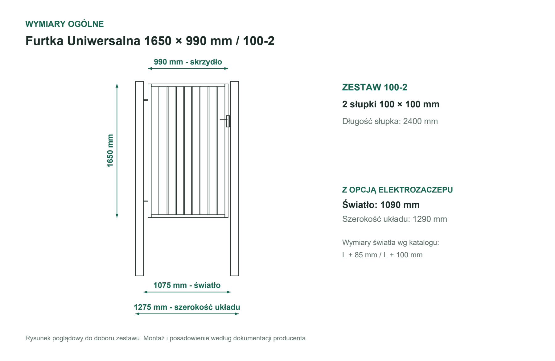Uproszczony rysunek furtki 1650 × 990 mm, zestaw 100-2