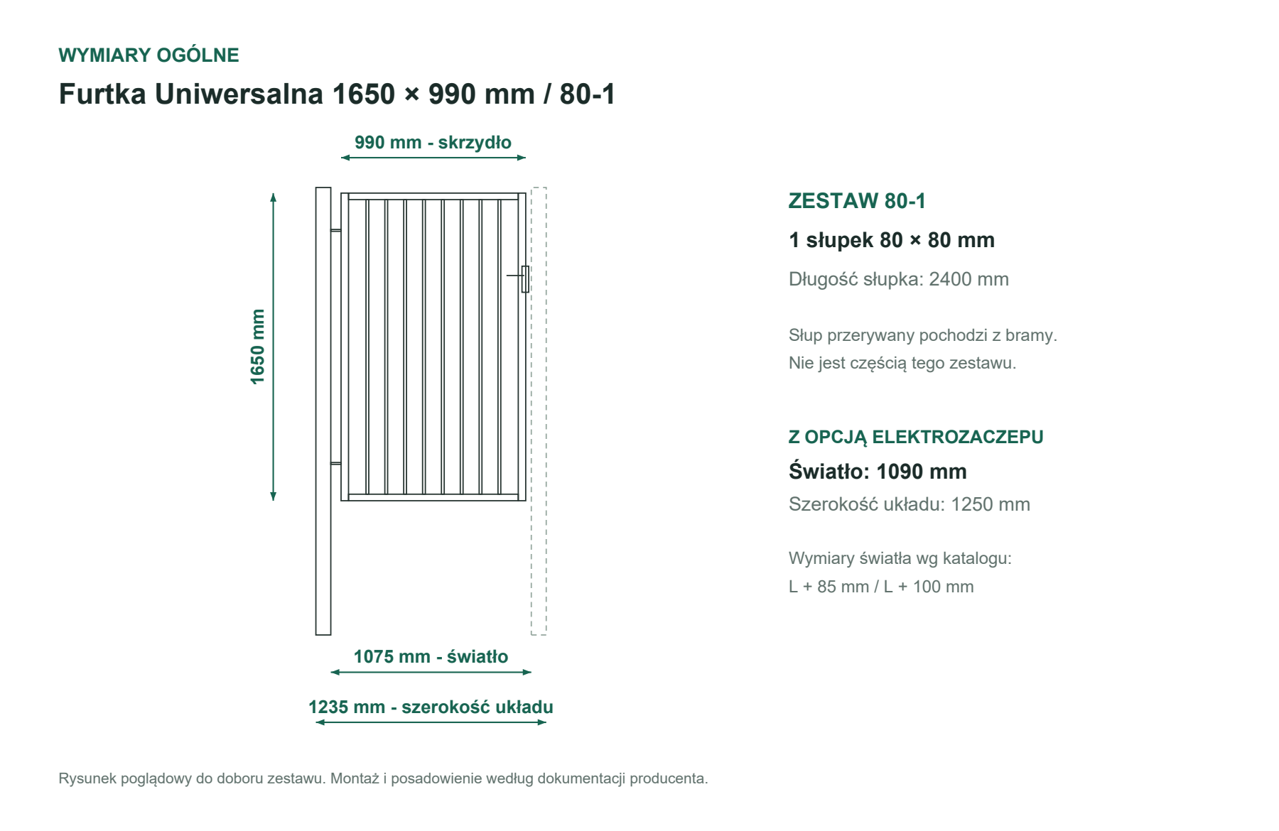 Uproszczony rysunek furtki 1650 × 990 mm, zestaw 80-1