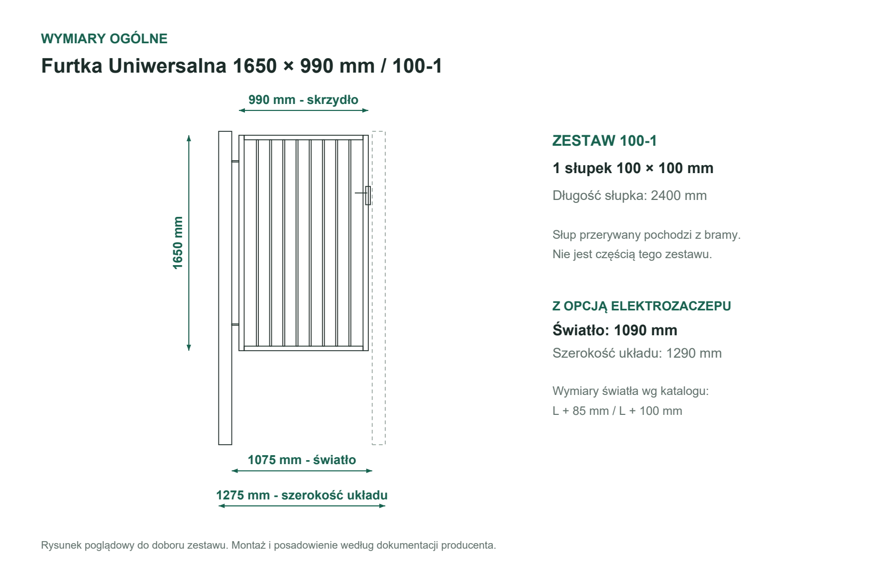 Uproszczony rysunek furtki 1650 × 990 mm, zestaw 100-1