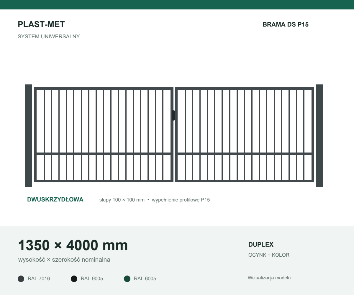Brama dwuskrzydłowa Uniwersalna P15 1350 × 4000 mm