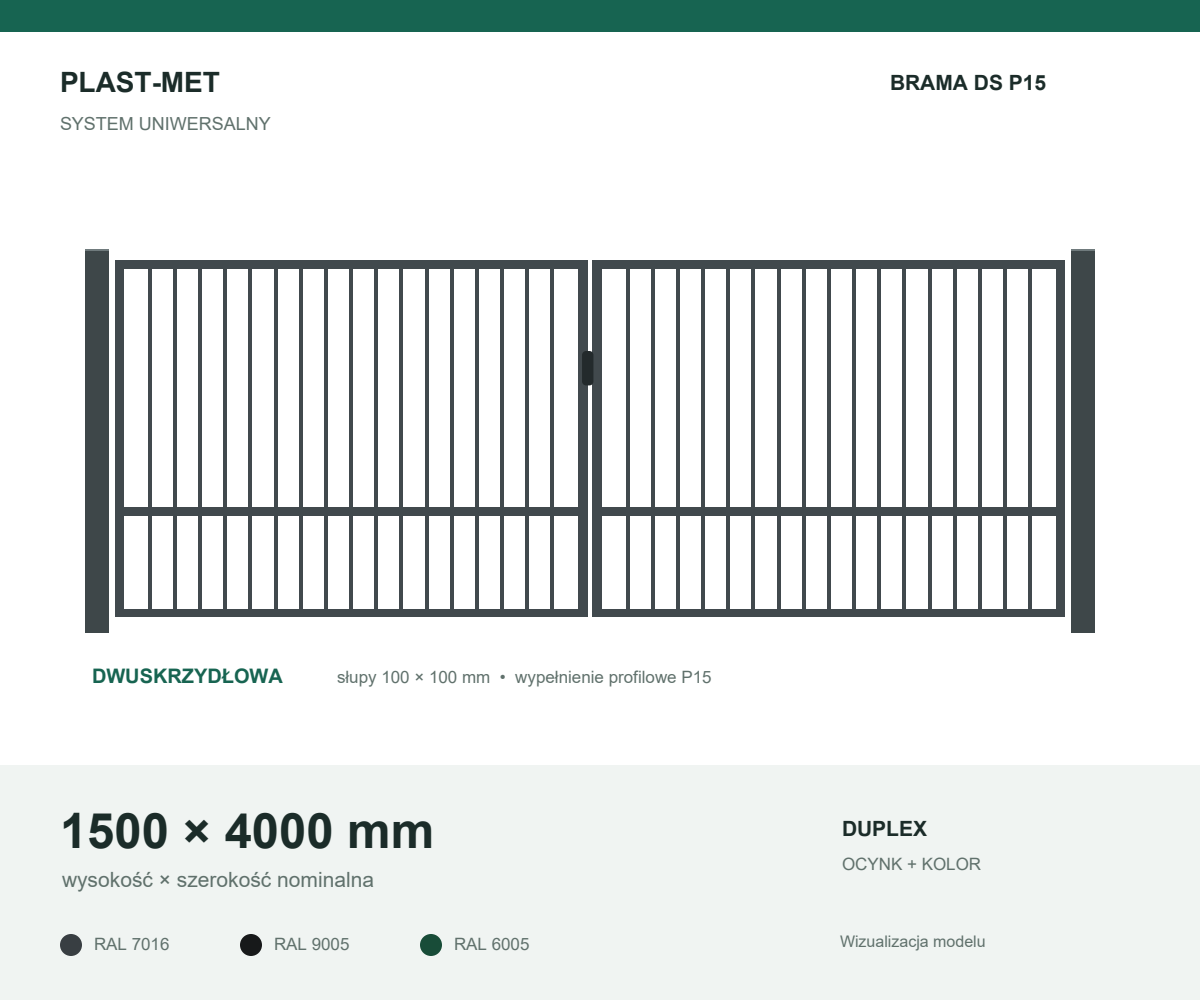 Brama dwuskrzydłowa Uniwersalna P15 1500 × 4000 mm