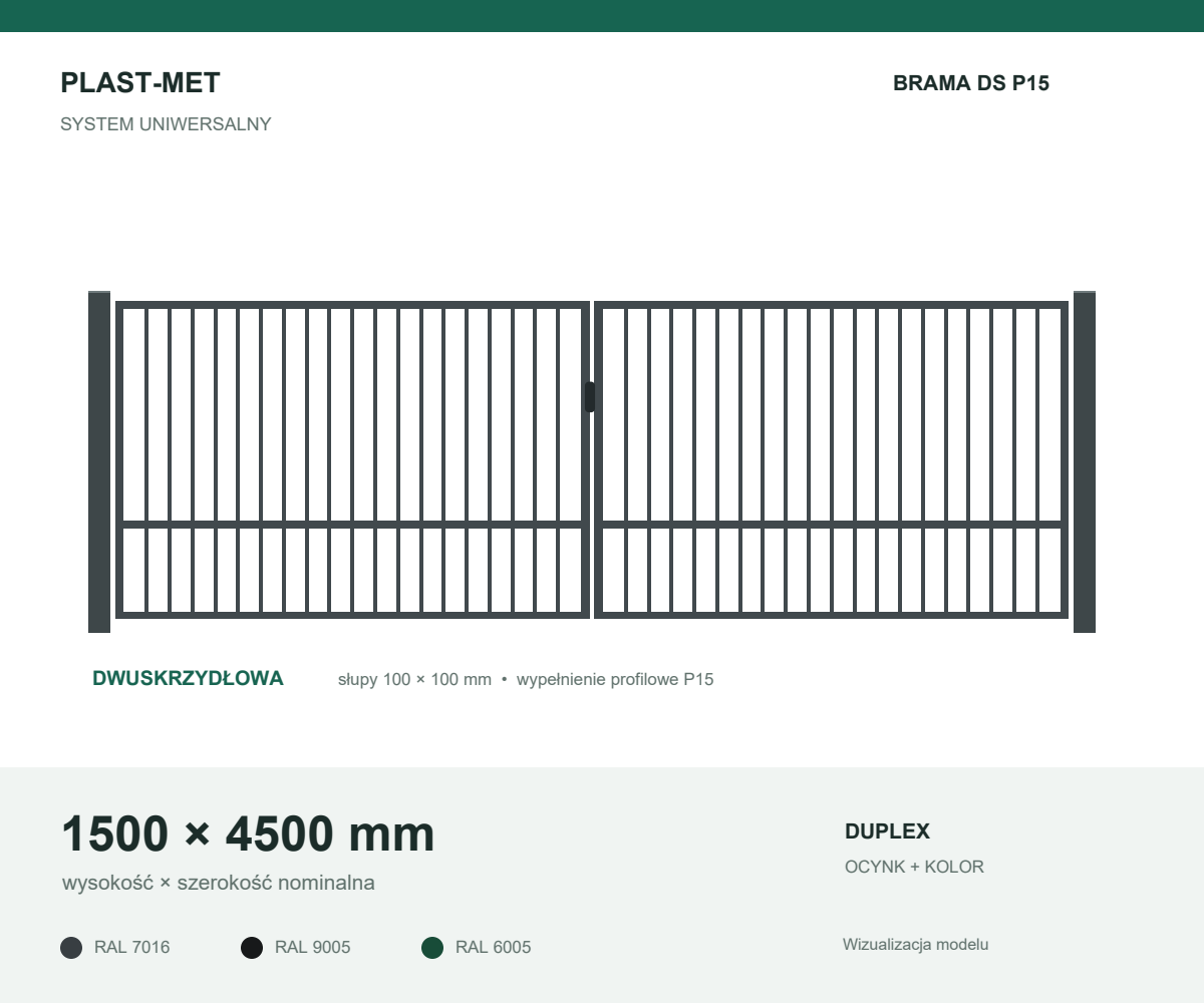 Brama dwuskrzydłowa Uniwersalna P15 1500 × 4500 mm
