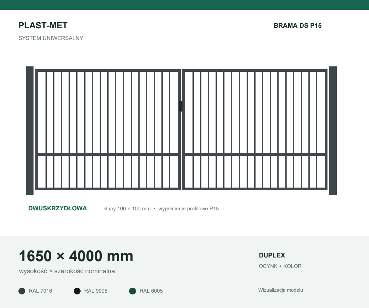 Brama dwuskrzydłowa Uniwersalna P15 1650 × 4000 mm