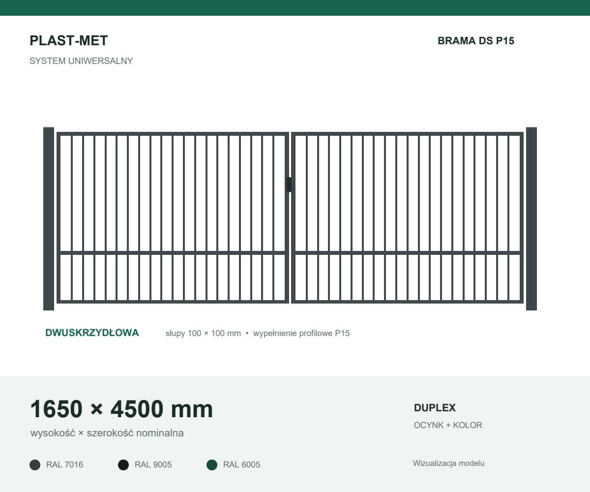 Brama dwuskrzydłowa Uniwersalna P15 1650 × 4500 mm